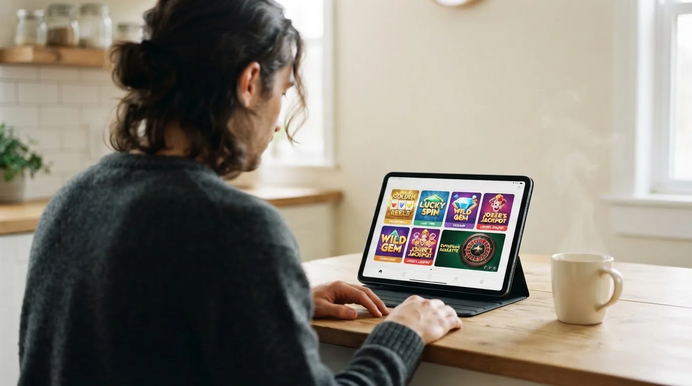 Een persoon bekijkt op een tablet een overzicht van casinospellen aan een keukentafel, met een kop koffie ernaast.