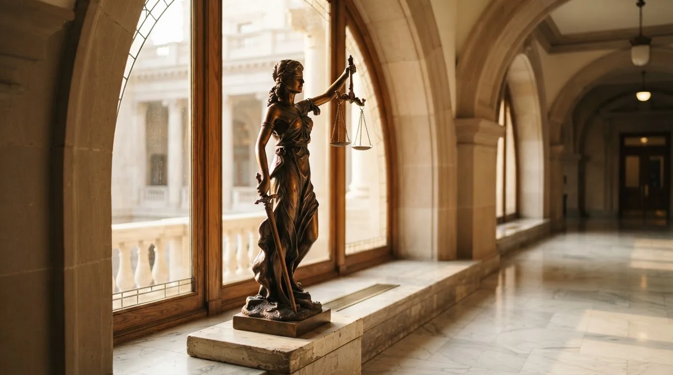 Een bronzen vrouwe Justitia met weegschaal staat voor een grote raampartij in een statig gerechtsgebouw, met zacht ochtendlicht.