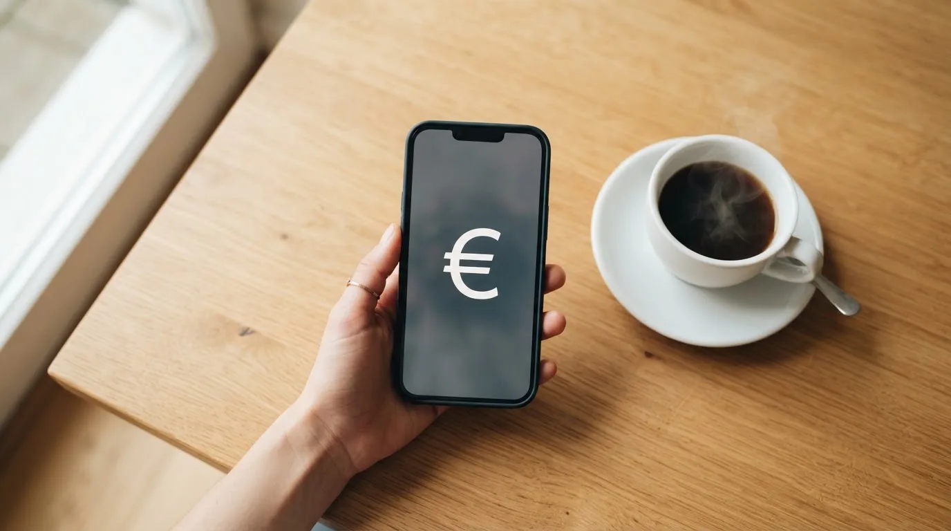 Een hand houdt een smartphone vast boven een houten tafel met een kopje koffie ernaast, in zacht daglicht.