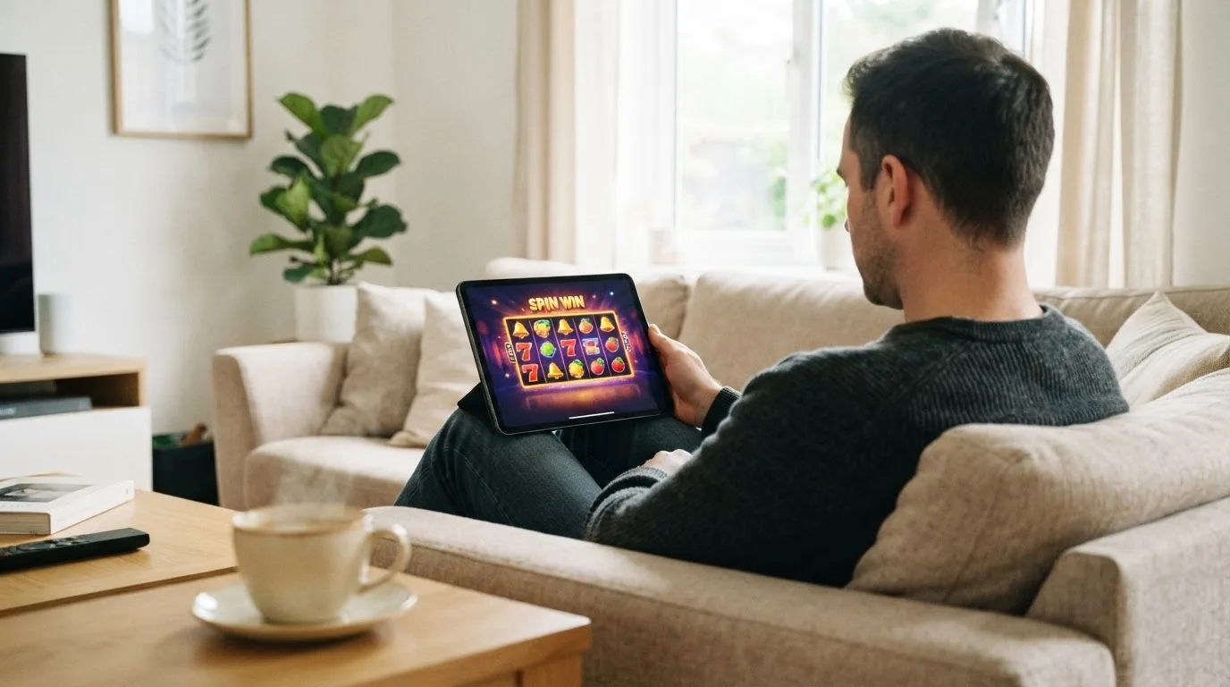 Een man bekijkt ontspannen een tablet op de bank in een lichte woonkamer met een kop koffie op de salontafel.