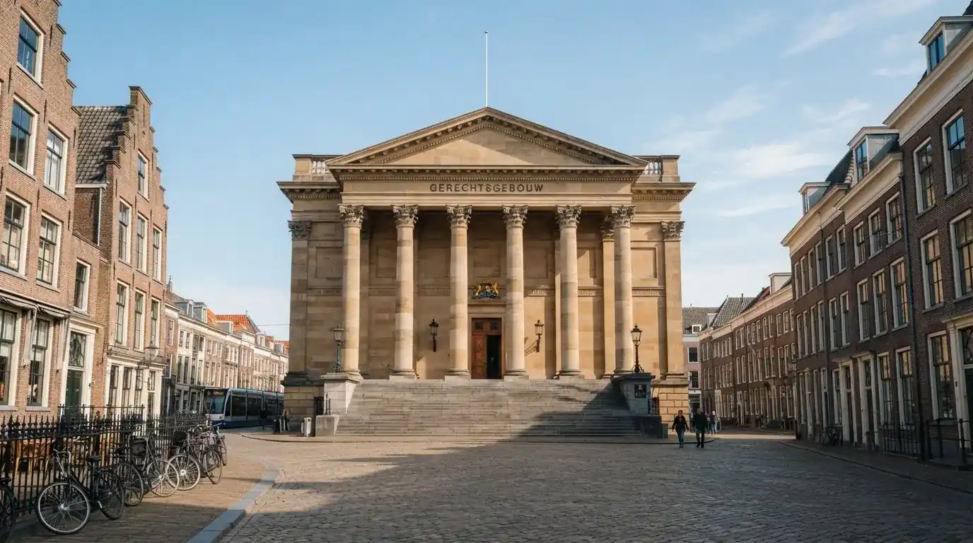 Een klassiek gerechtsgebouw met hoge zuilen staat onder een blauwe lucht in een Nederlandse binnenstad.
