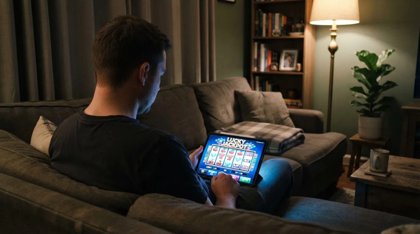 Een man bekijkt laat op de avond een tablet op de bank, verlicht door een staande lamp in een rustige woonkamer.
