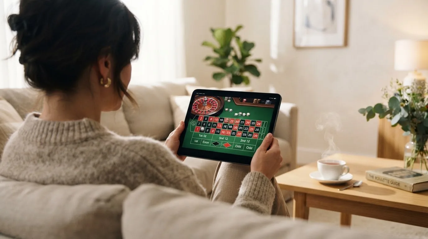 Een vrouw bekijkt ontspannen een tablet op de bank in een lichte woonkamer met een kop thee op de salontafel.
