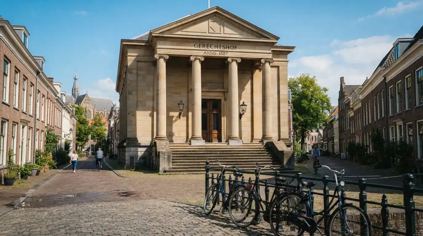 Een klassiek gerechtsgebouw met hoge zuilen staat onder een blauwe lucht in een Nederlandse binnenstad.