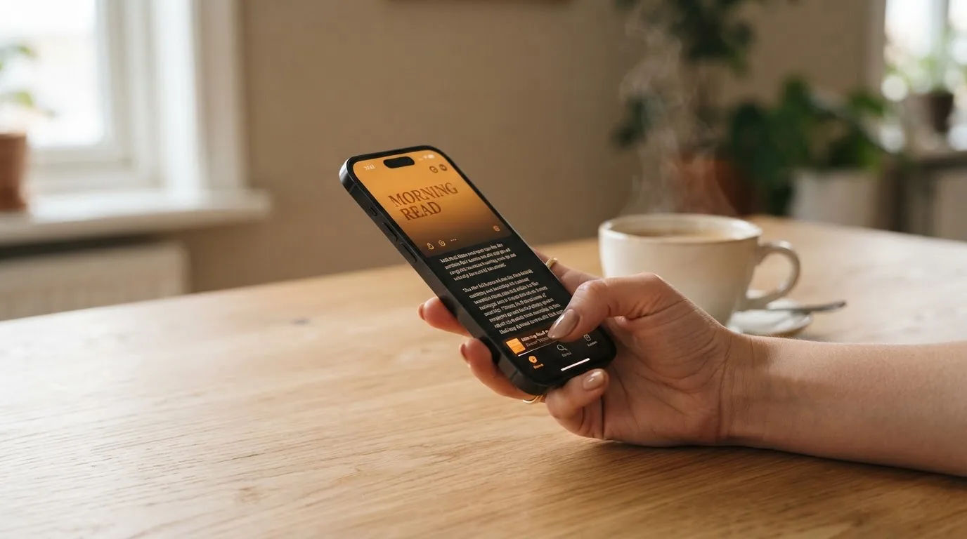 Een hand houdt een smartphone vast boven een houten tafel met een kopje koffie ernaast, in zacht daglicht.