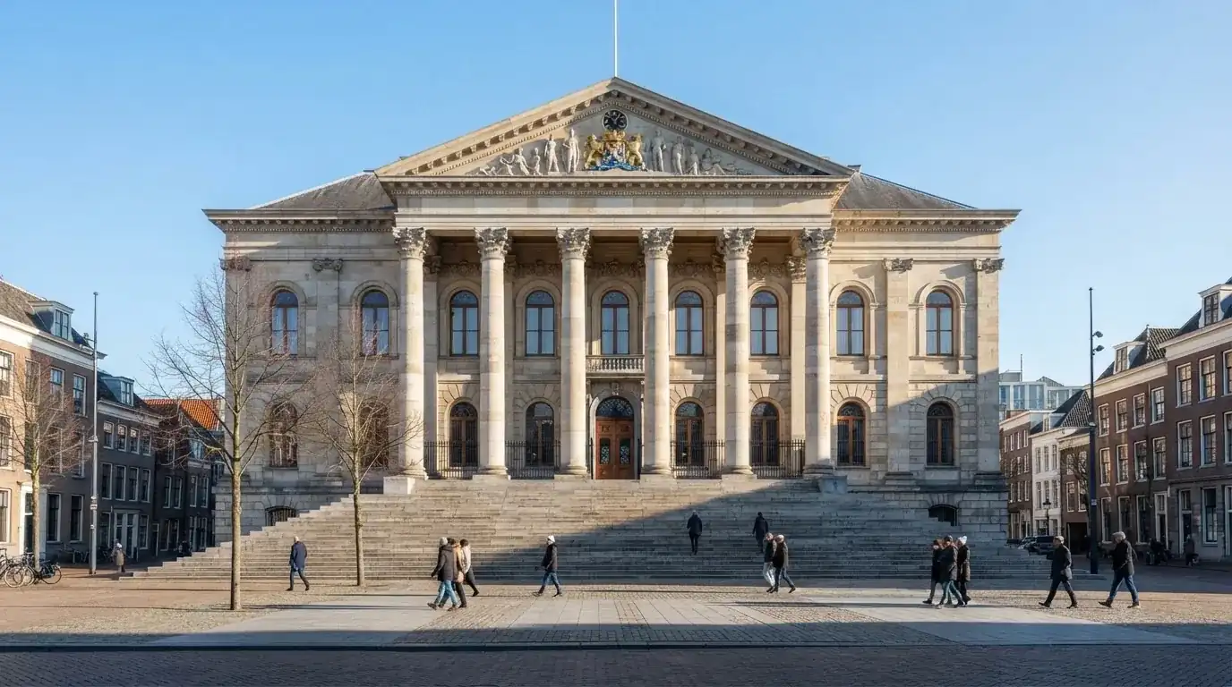 Een statig gerechtsgebouw met brede trappen en zuilen staat onder een heldere hemel in een Nederlandse stad.