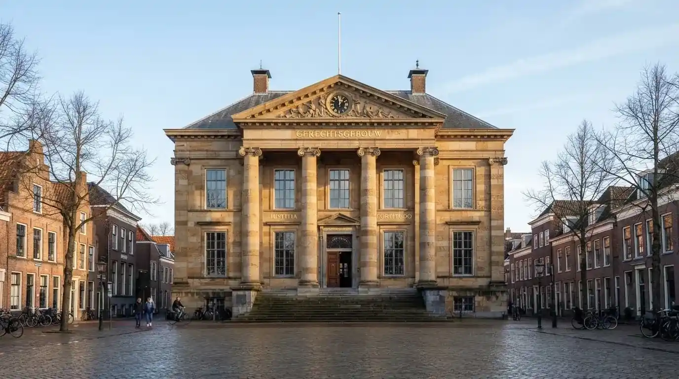 Een klassiek gerechtsgebouw met zuilen staat onder een blauwe lucht in een rustige Nederlandse stad.