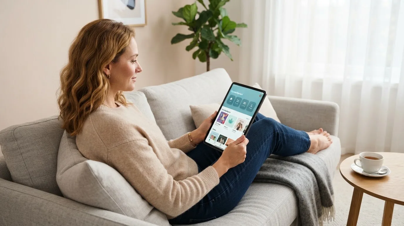Een vrouw bekijkt ontspannen een tablet op de bank in een lichte woonkamer met een kop thee op de salontafel.