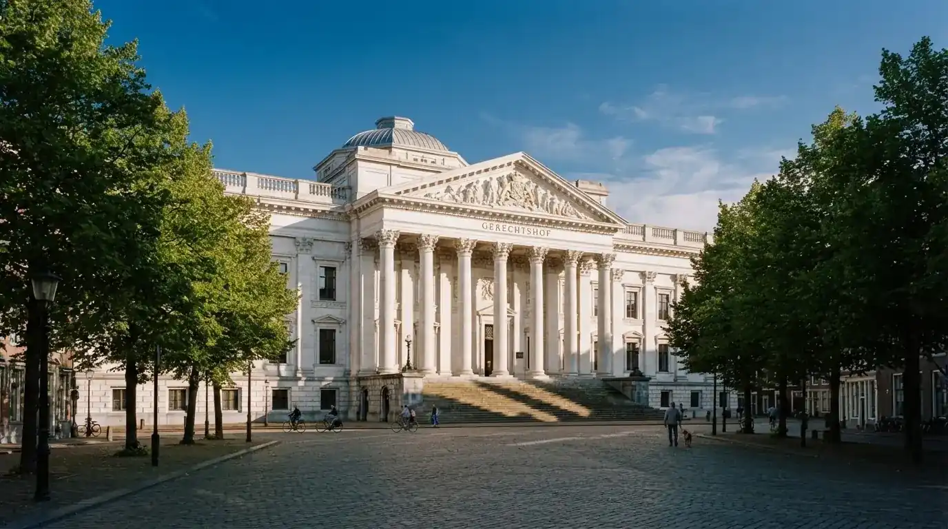 Een klassiek gerechtsgebouw met hoge zuilen staat onder een heldere hemel in een Nederlandse stad.