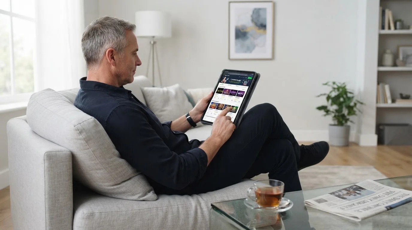 Een man bekijkt ontspannen een tablet op de bank in een lichte woonkamer met een kop thee op de salontafel.