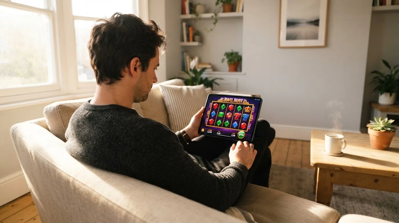 Een man bekijkt ontspannen een tablet op de bank in een lichte woonkamer met een kop koffie op de salontafel.