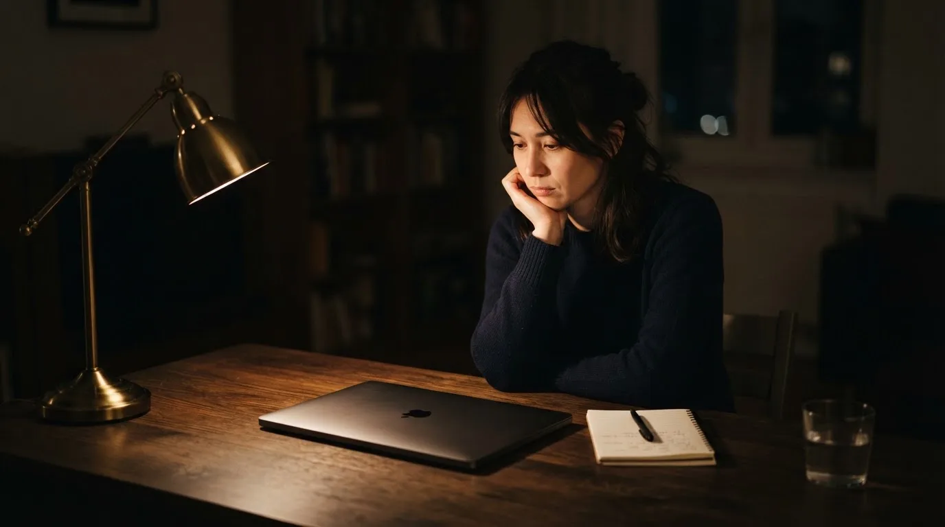 Een persoon zit alleen aan een bureau en kijkt peinzend naar een laptop met het scherm uit, in gedimd licht.