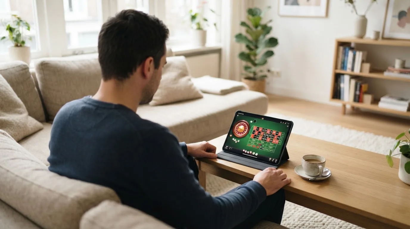 Een man bekijkt ontspannen een tablet op de bank in een lichte woonkamer met een kop koffie op de salontafel.