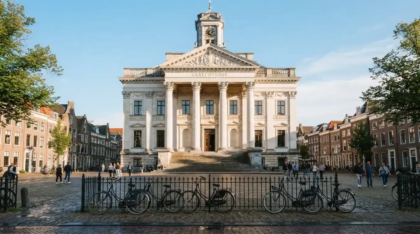 Een klassiek gerechtsgebouw met hoge zuilen staat onder een heldere hemel in een Nederlandse stad.