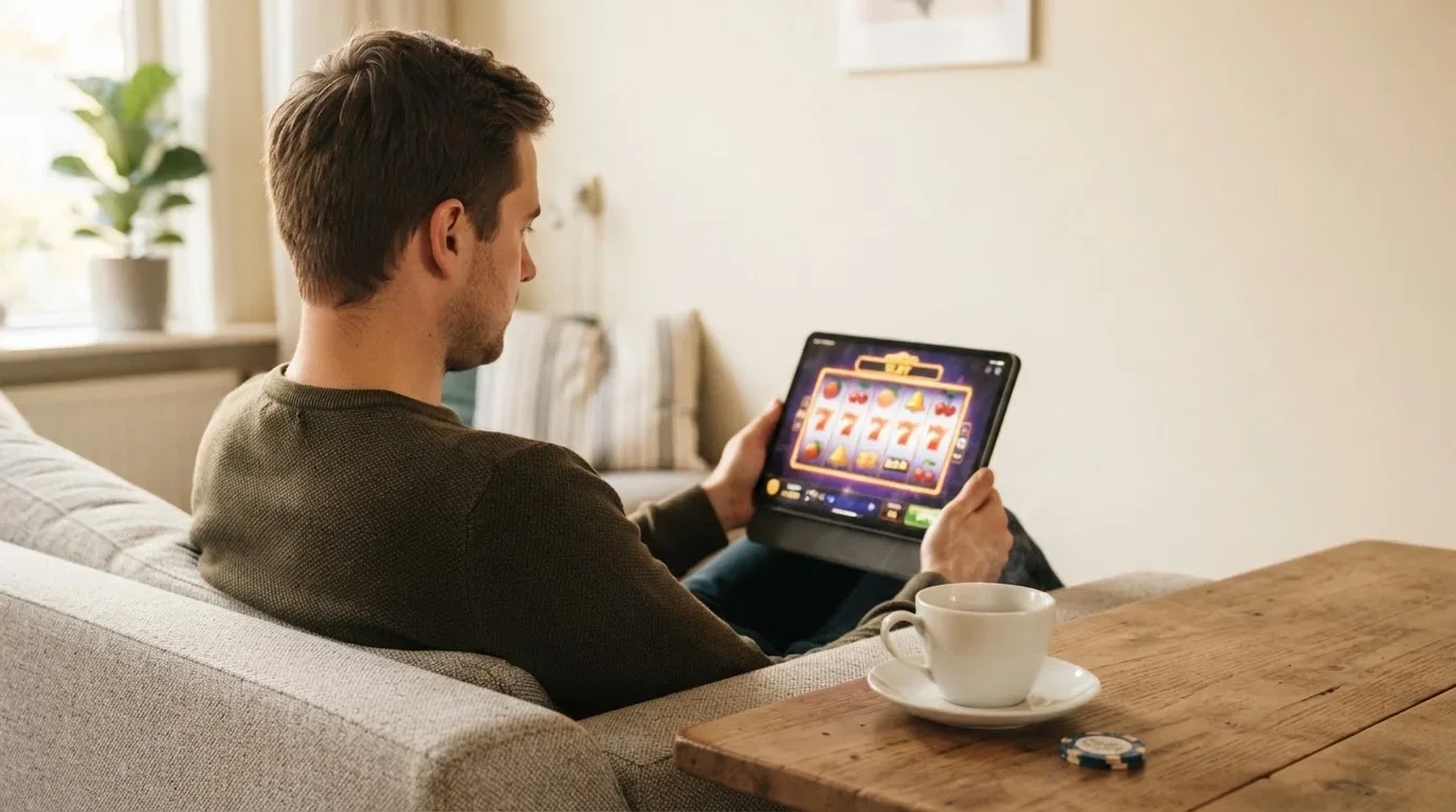 Een man bekijkt ontspannen een tablet op de bank in een lichte woonkamer met een kop thee op de salontafel.