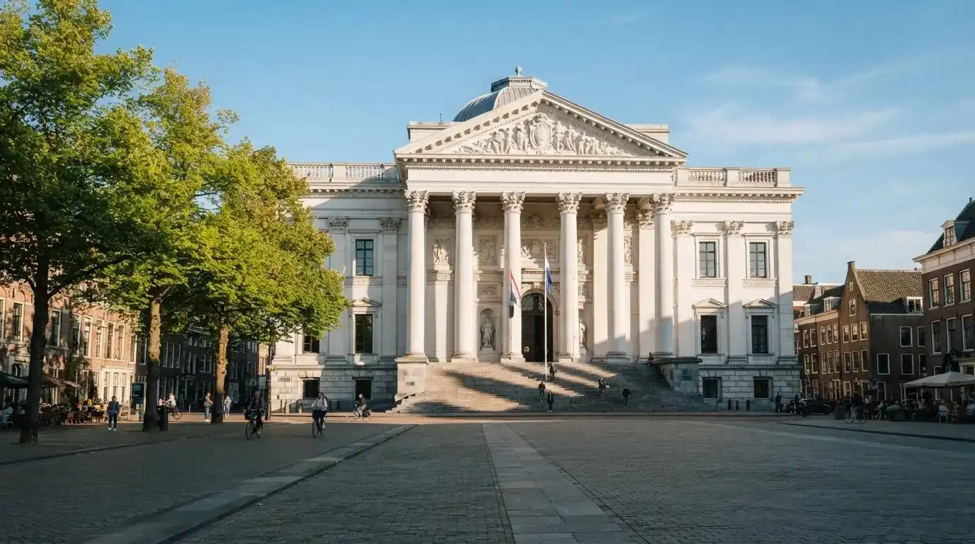 Een klassiek gerechtsgebouw met hoge zuilen staat onder een heldere hemel in een Nederlandse stad.