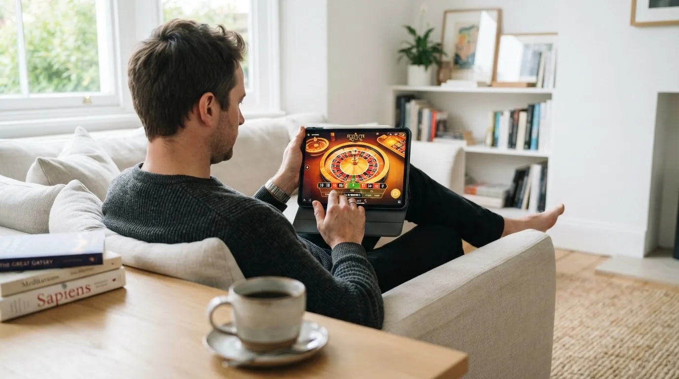 Een man bekijkt ontspannen een tablet op de bank in een lichte woonkamer met een kop koffie op de salontafel.