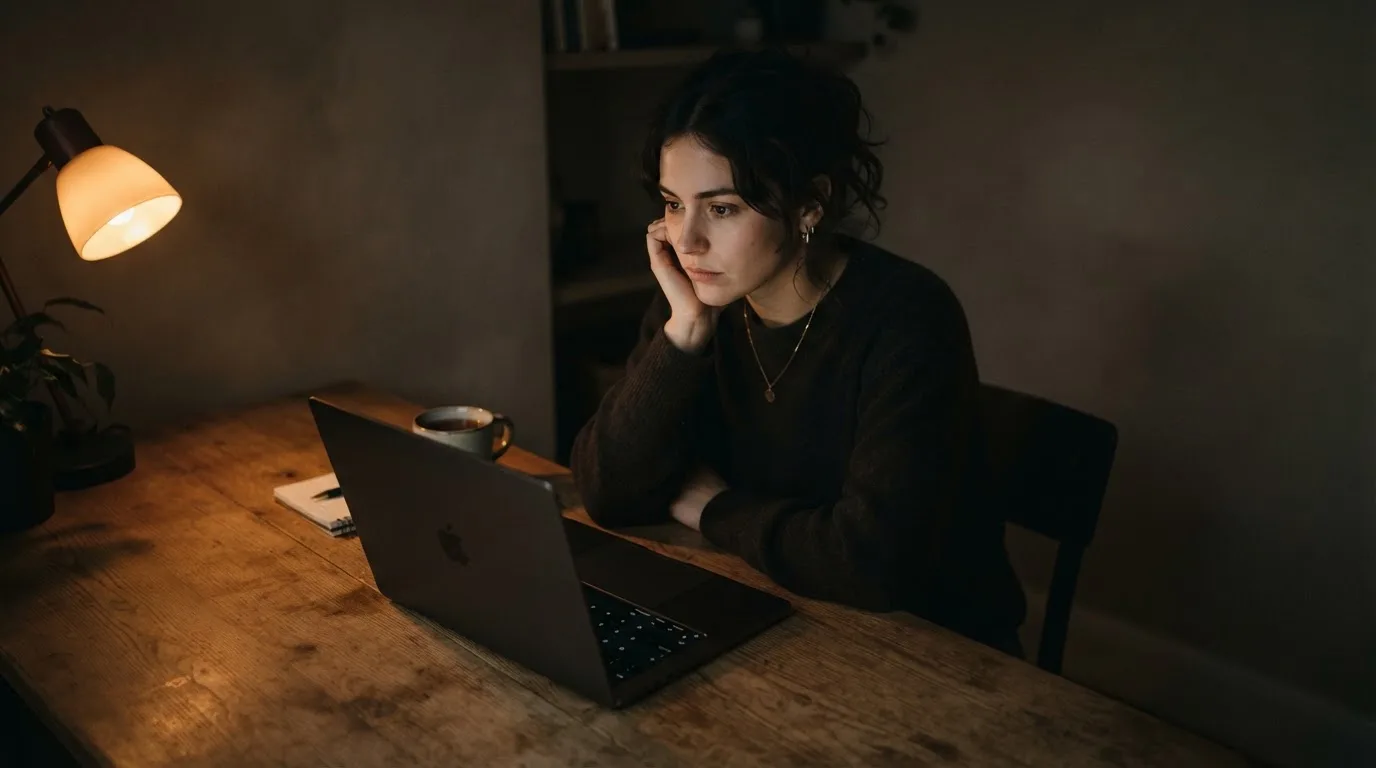 Een persoon zit alleen aan een bureau en kijkt peinzend naar een laptop met het scherm uit, in gedimd licht.