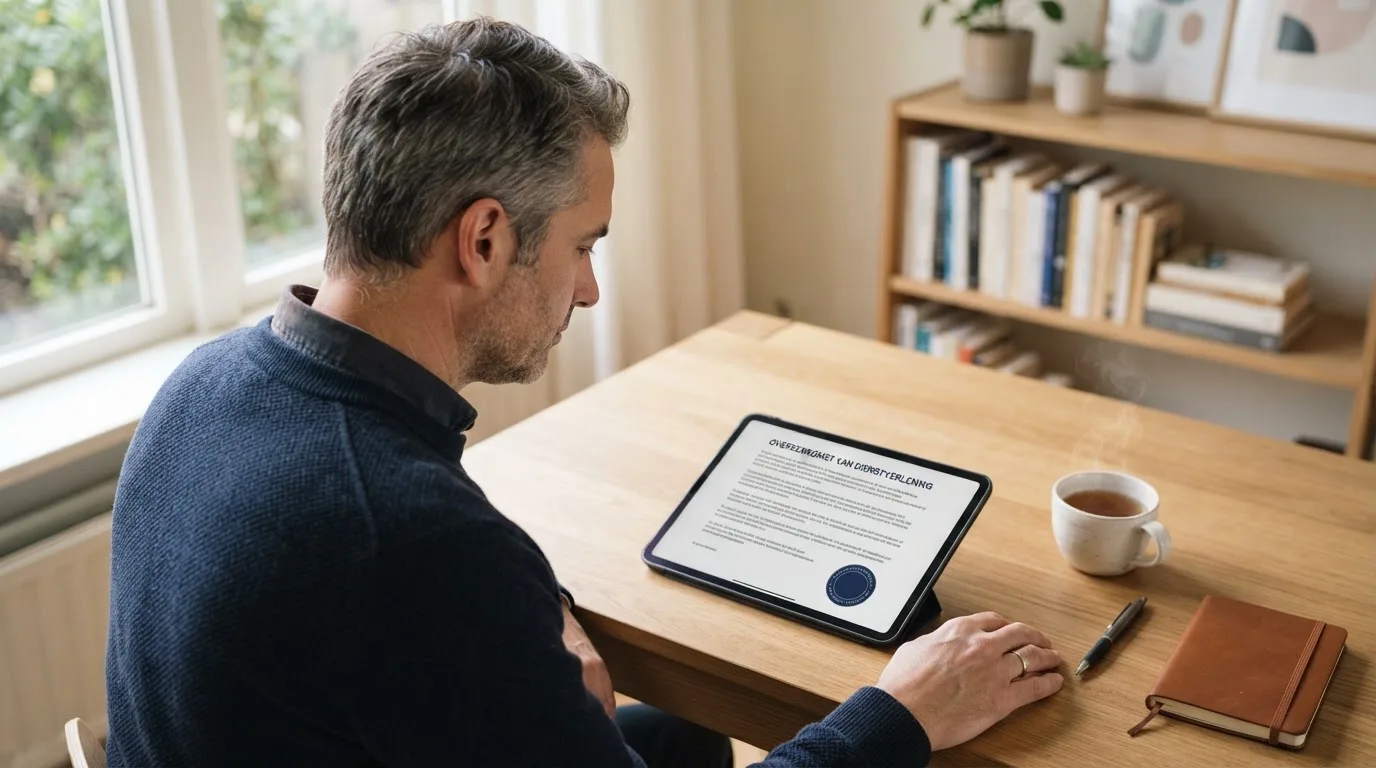 Een man zit aan een bureau in een lichte woonkamer en kijkt naar het scherm van een tablet die naast een kop thee ligt.