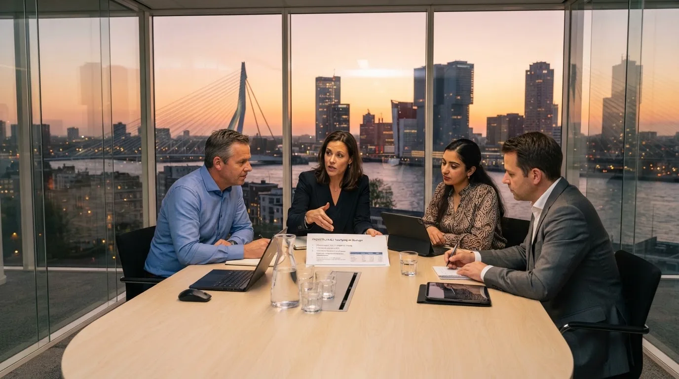Een klein team overlegt rond een tafel in een glazen vergaderruimte met uitzicht op een stedelijke skyline bij zonsondergang.