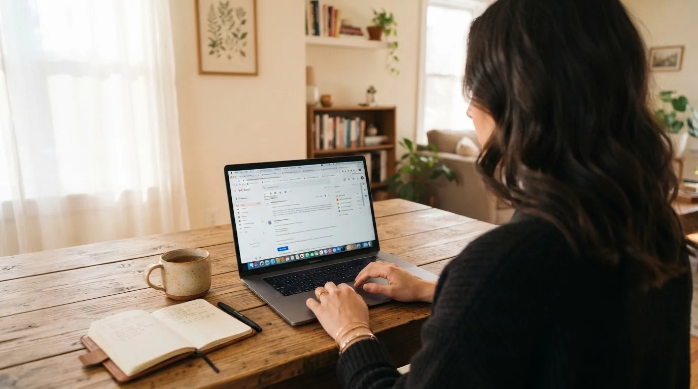 Een vrouw zit aan een houten bureau en bekijkt rustig het scherm van een laptop in een lichte woonkamer.