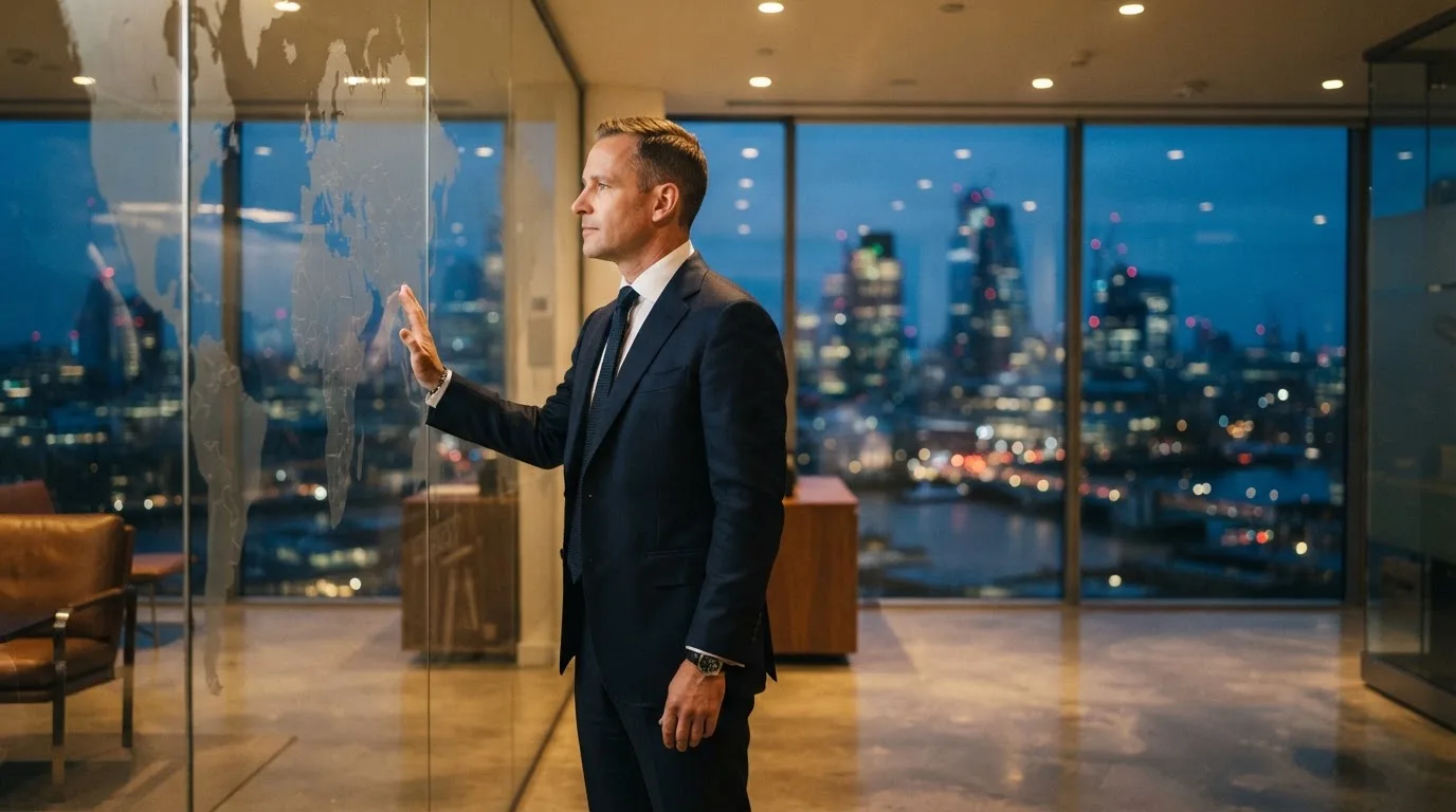 Een jurist in kostuum staat voor een grote glazen wand met een wereldkaart in een modern kantoor tijdens de avondschemering.