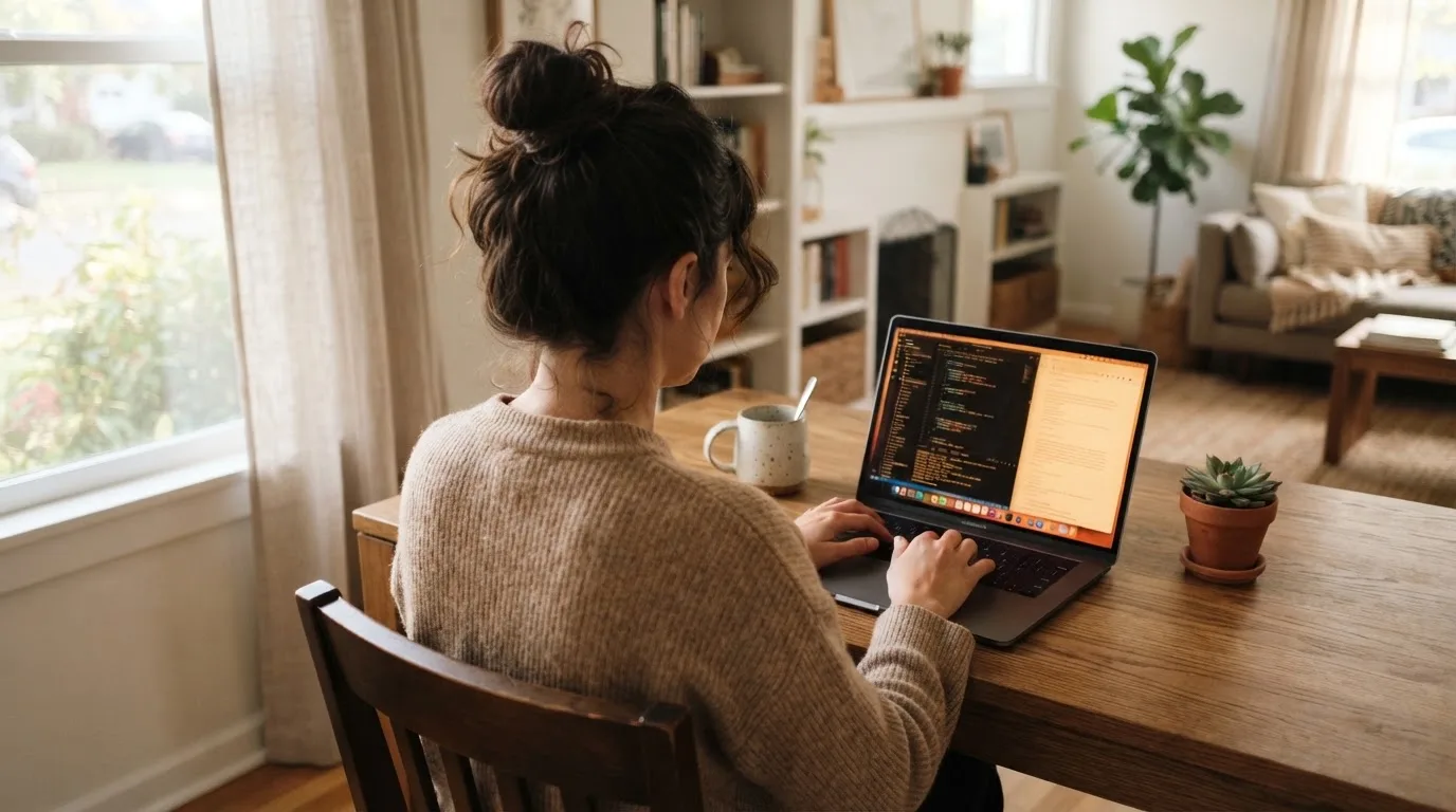 Een vrouw zit aan een houten bureau en bekijkt rustig het scherm van een laptop in een lichte woonkamer.