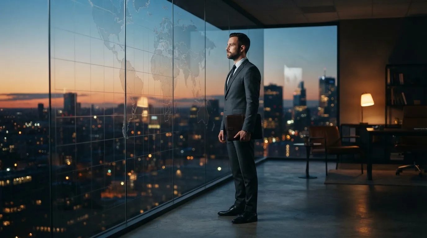 Een jurist in kostuum staat voor een grote glazen wand met een wereldkaart in een modern kantoor tijdens de avondschemering.