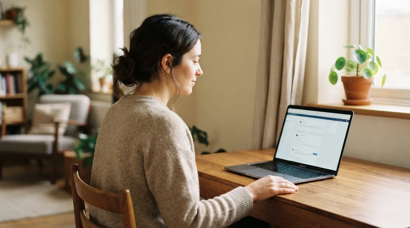 Een vrouw zit aan een houten bureau en bekijkt rustig het scherm van een laptop in een lichte woonkamer.