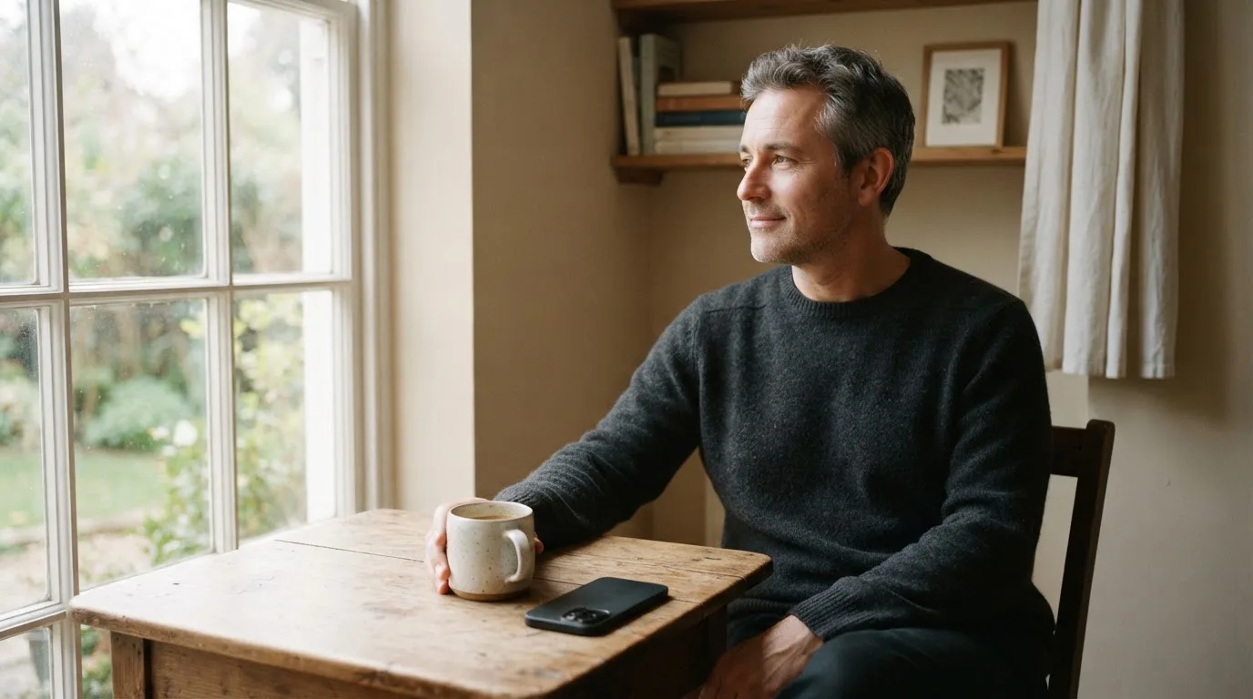 Een man legt zijn telefoon rustig weg en kijkt uit het raam met een kop koffie op tafel.
