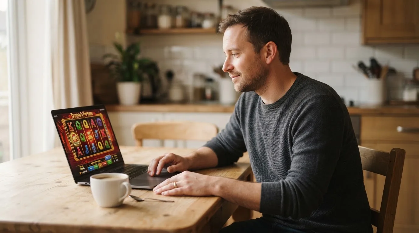 Een man zit thuis aan tafel met een kop koffie en bekijkt rustig zijn laptop.