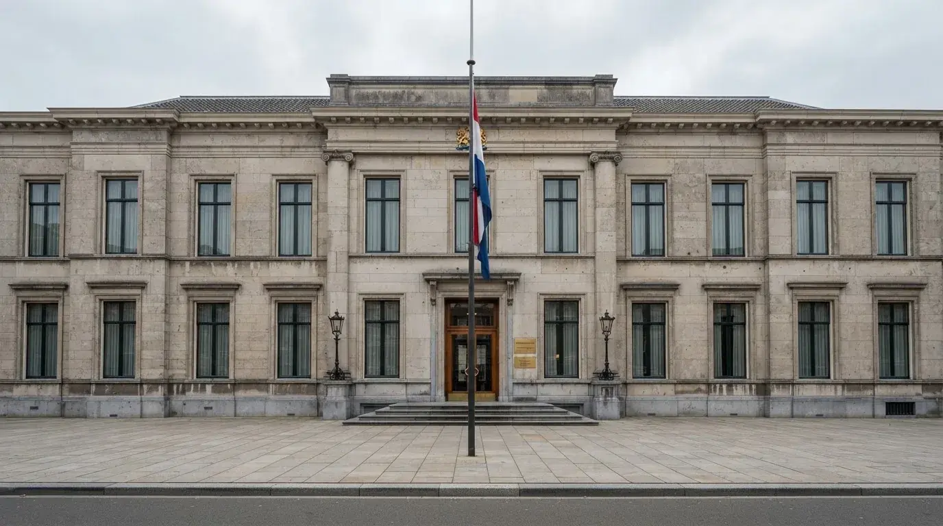 Een statig kantoorgebouw met een Nederlandse vlag ervoor onder een bewolkte hemel.