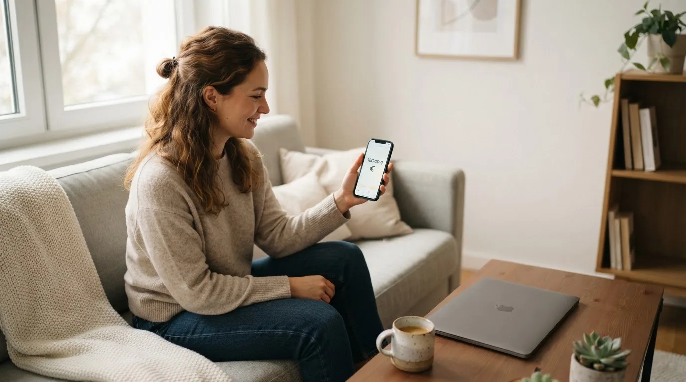 Een jonge vrouw zit ontspannen op de bank met een smartphone in haar hand, terwijl een laptop met onscherp scherm op de salontafel staat.