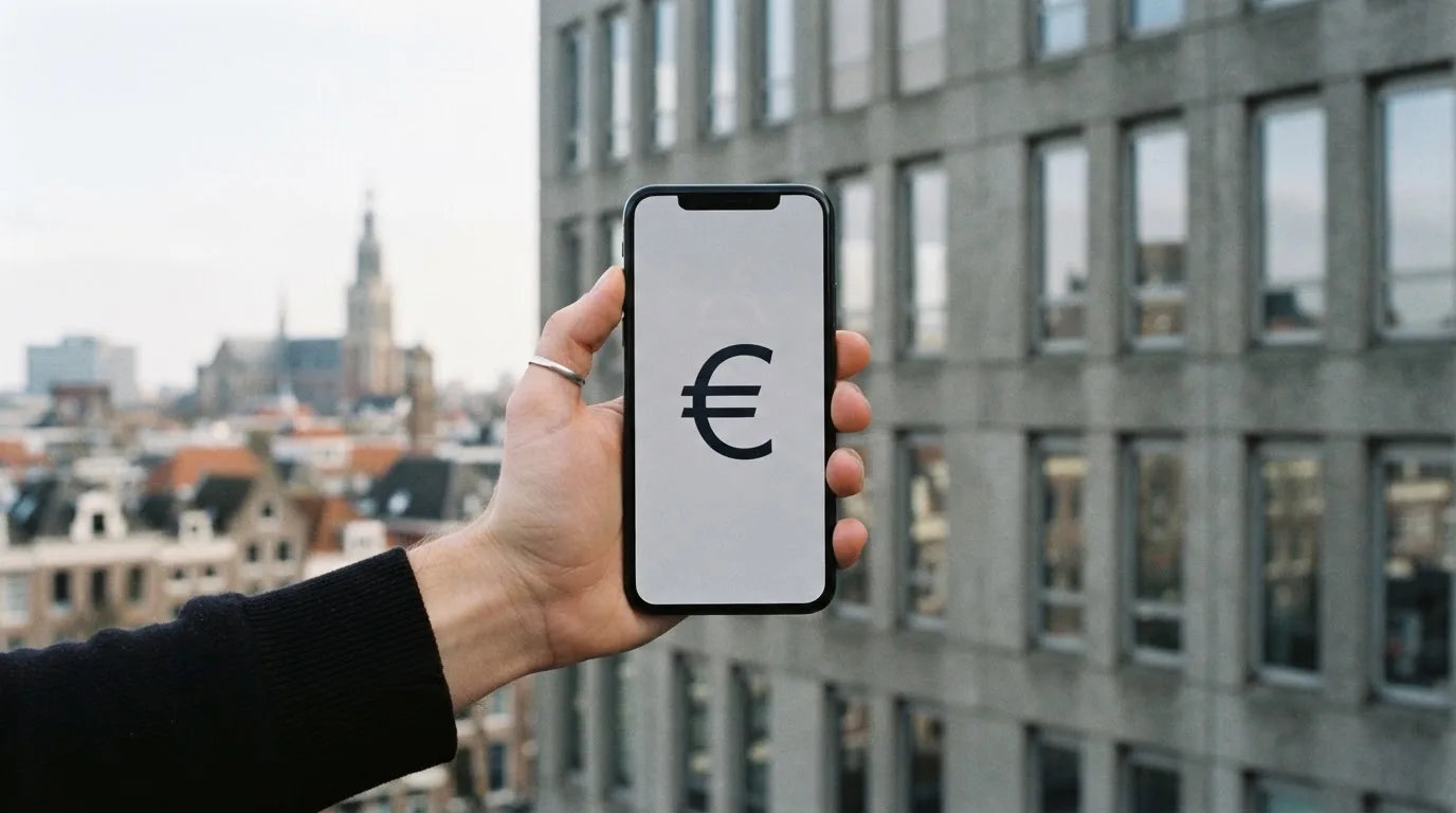 Een close-up van een hand die een smartphone vasthoudt buiten voor een grijs kantoorgebouw, met een wazige skyline van een Nederlandse stad op de achtergrond.