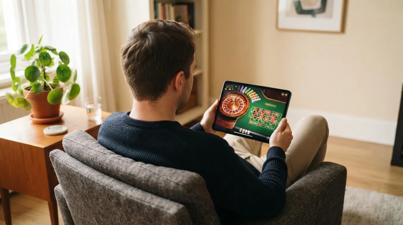 Een man leunt achterover op een stoel met een tablet op schoot, in een lichte woonkamer met planten op de achtergrond.