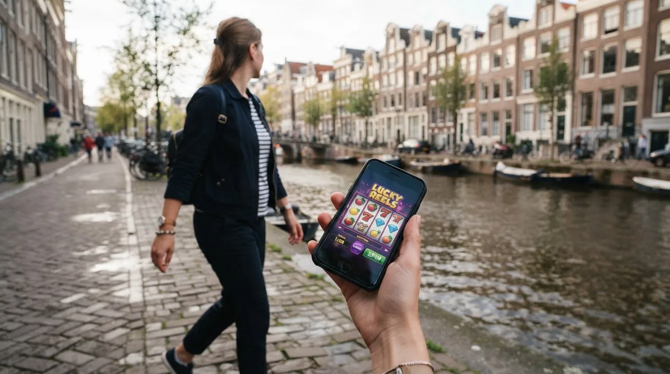 Een persoon loopt met een telefoon in de hand langs een grachtenpand in een Nederlandse stad, met wazige gevels op de achtergrond.