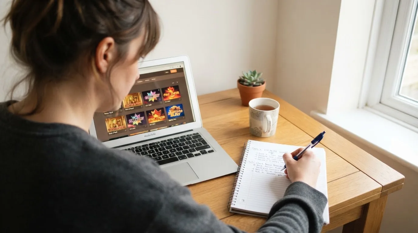 Een persoon zit aan een bureau thuis met een laptop en een notitieblok in daglicht.