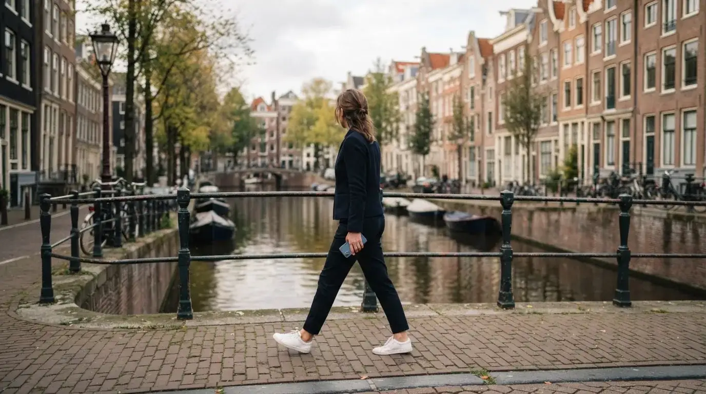 Een volwassene loopt over een brug in een Nederlandse stad met een telefoon in de hand.