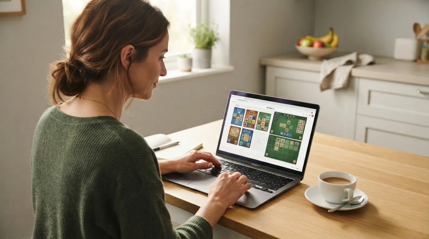 Een vrouw bekijkt rustig op haar laptop de opties voor online spelen aan de keukentafel, met een kopje koffie ernaast.