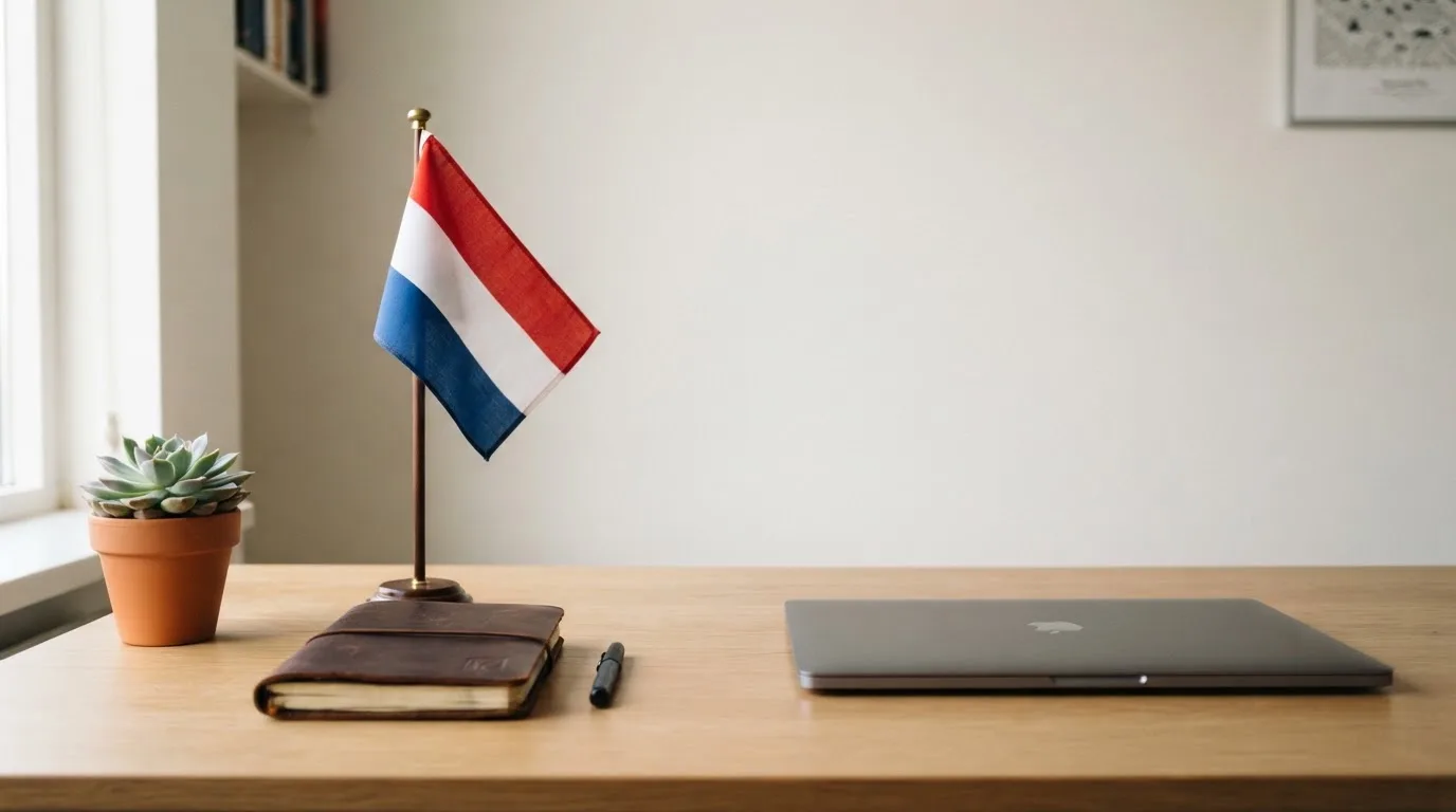 Een bureau met een Nederlandse vlag op een standaard naast een gesloten laptop, symbool voor regelgeving en toezicht op kansspelen.