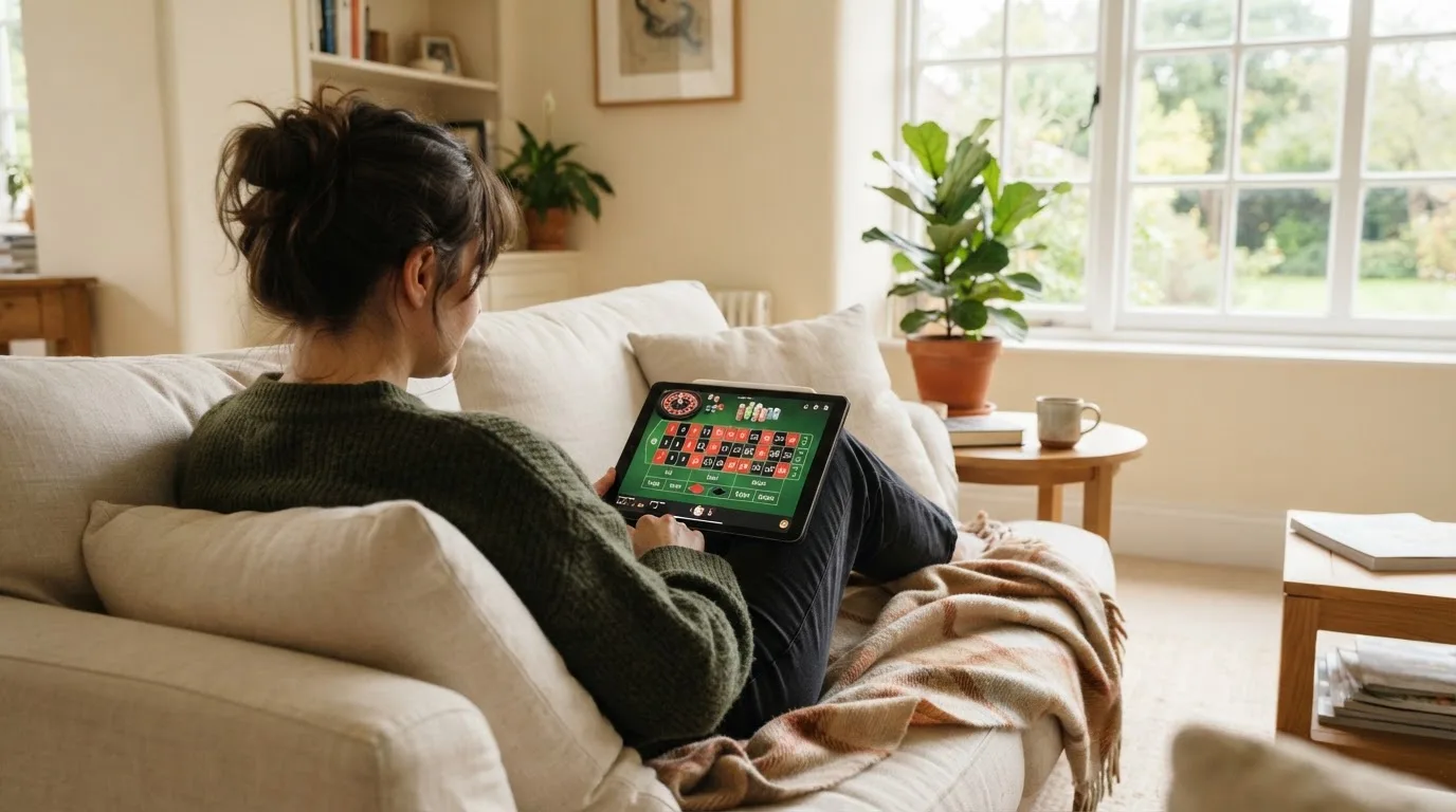Iemand bekijkt ontspannen een tablet op de bank in een lichte woonkamer, met een plaid over de knieën.
