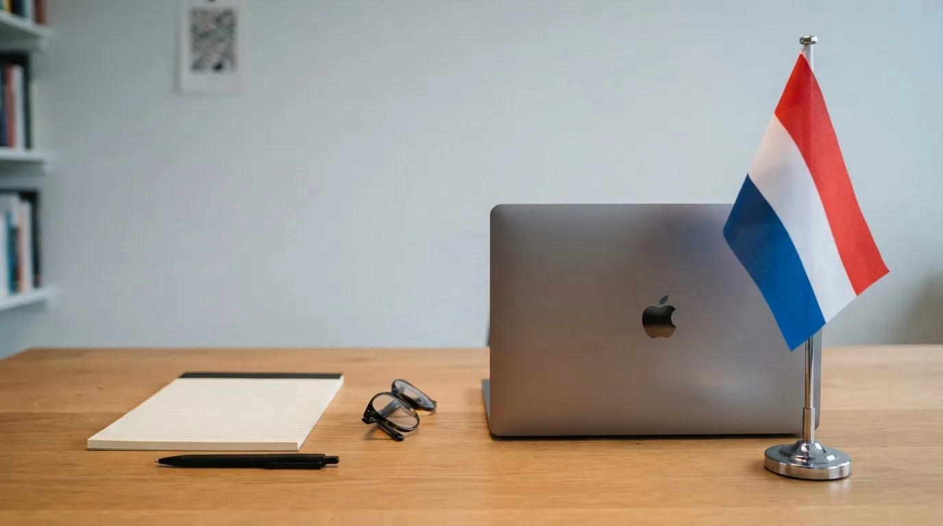Een kantoorbureau met een Nederlandse vlag op een voetstuk naast een gesloten laptop.