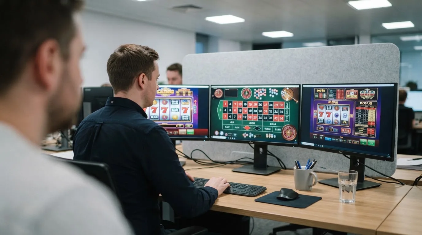 Een medewerker van een toezichthoudende instantie werkt achter een bureau met meerdere monitoren in een professioneel kantoor.
