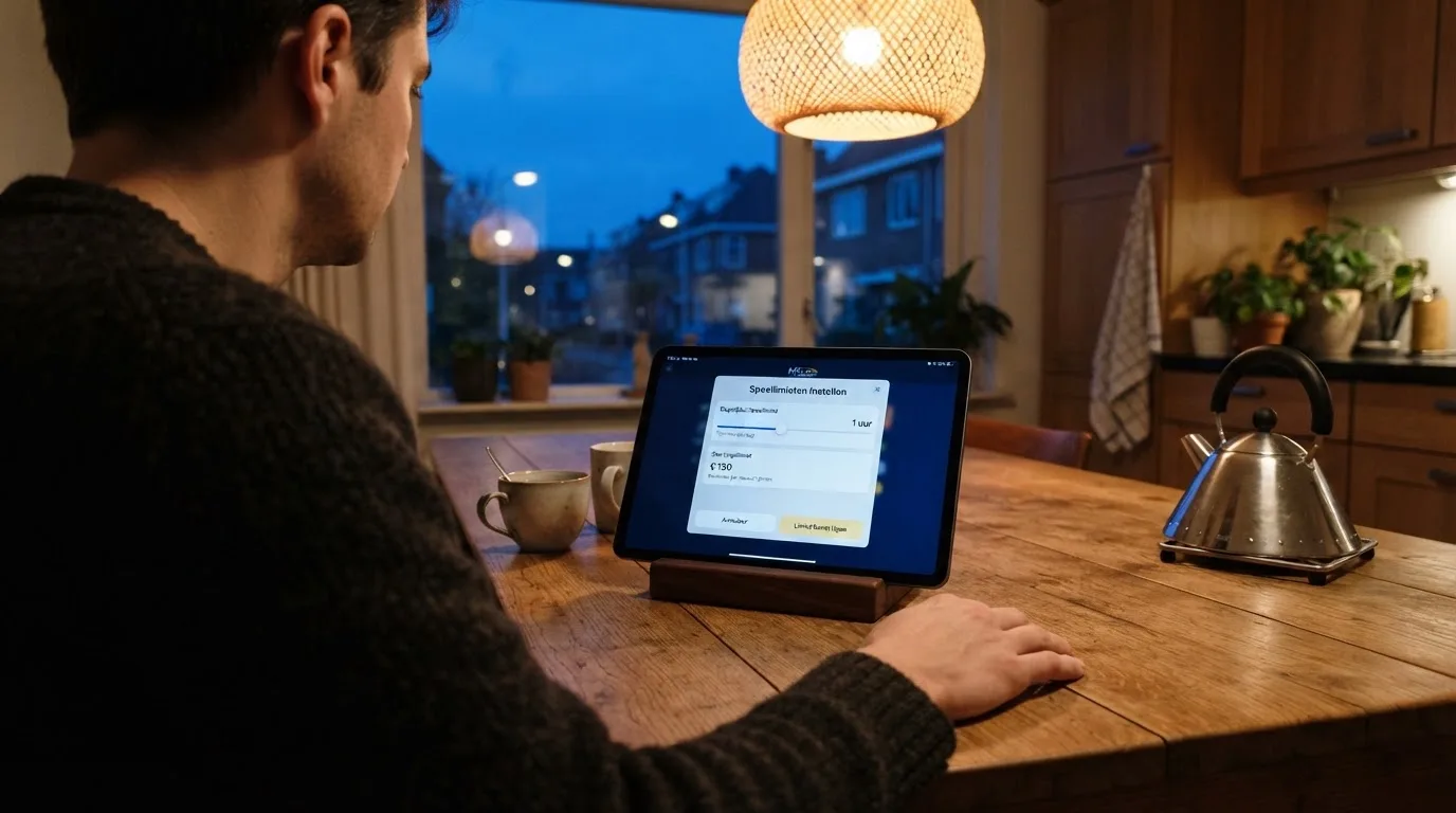 Een persoon bekijkt rustig instellingen voor speellimieten op een tablet aan een keukentafel in de avond.
