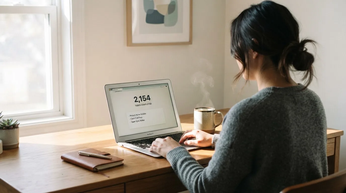 Een persoon zit aan een bureau met een kop koffie en bekijkt rustig een overzicht op een laptopscherm.