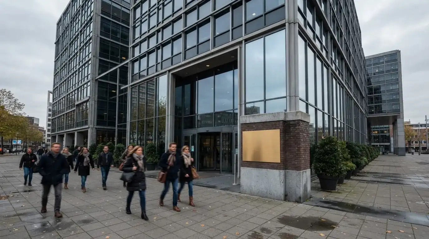 Gevel van een modern overheidsgebouw in een Nederlandse stad met voetgangers op straat.